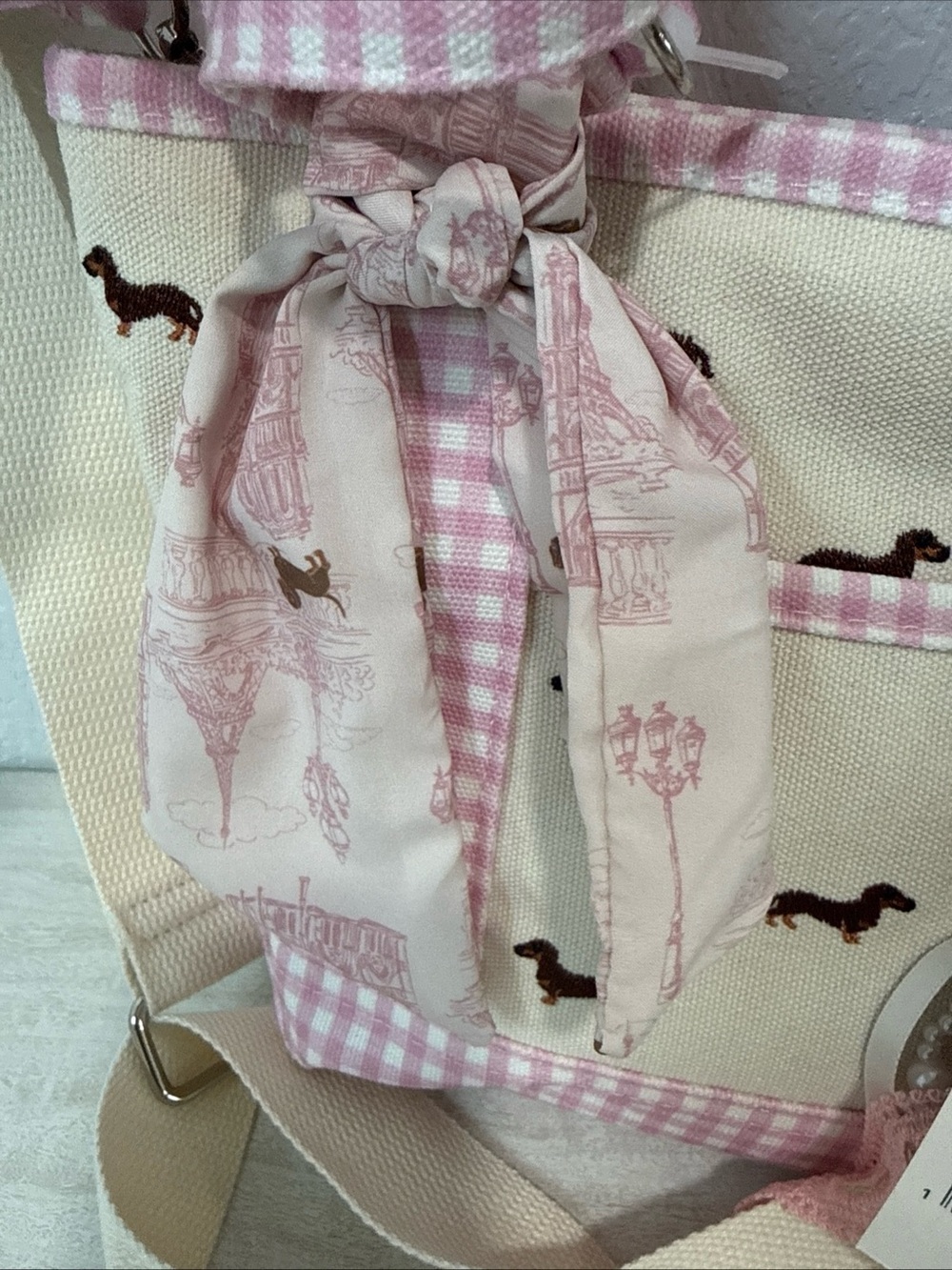 Madden Girl Dachshund Doxie Dog Pink Gingham Vidal Tote Bag CharmS NWT - Picture 9 of 14